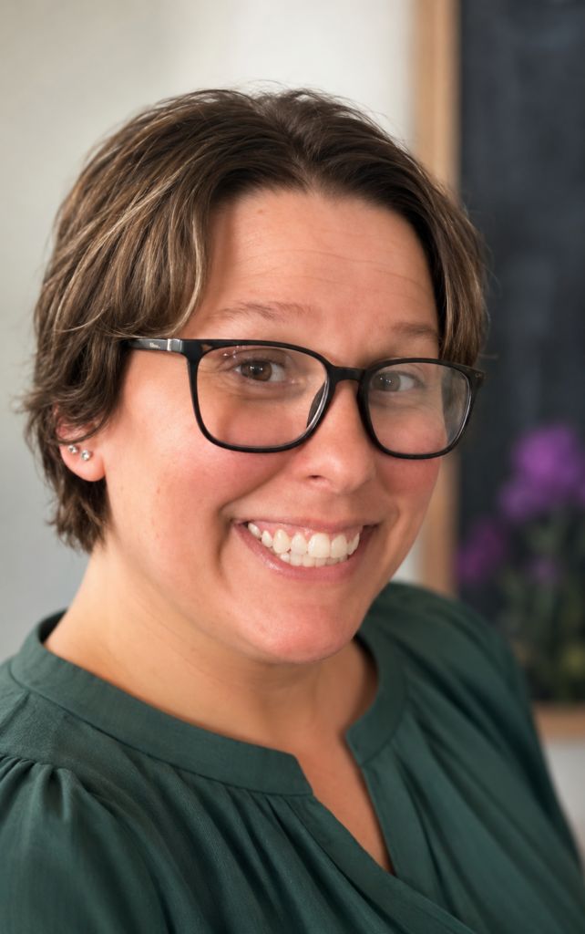 Picture of Gina Bailey, a woman in her mid-40s with short brown hair and glasses with a big, friendly smile